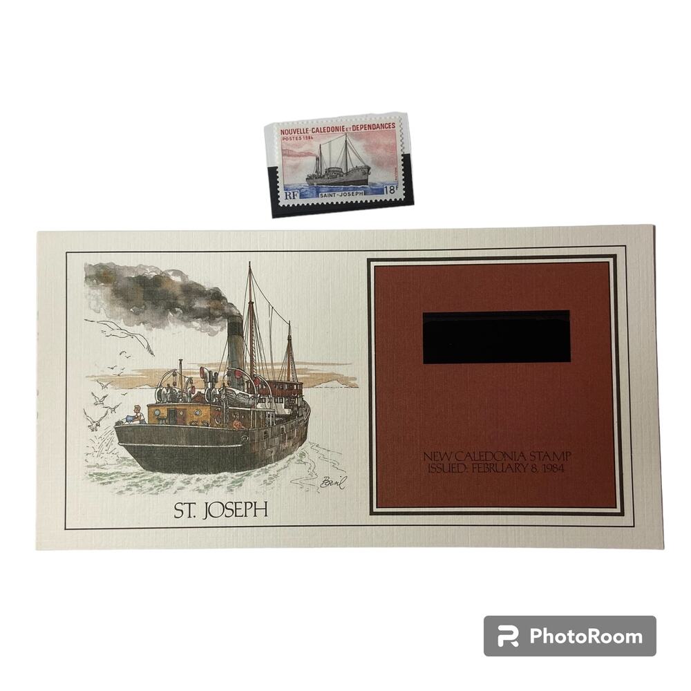 Vtg 1908 St Joseph New Caledonia Stamp Basil Smith Print Issued 1984 Ship Boat